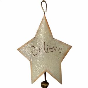 Christmas Star Cowbell “Believe” Metal Decor White Gold Holiday Bell Farmhouse